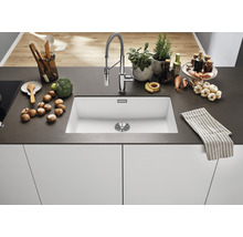 Spoelbak in een keuken met kraan, groenten en kruiden