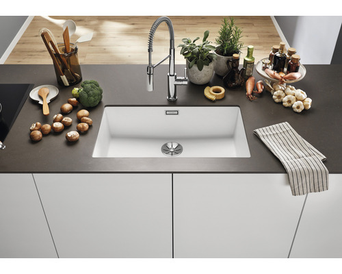 Spoelbak in een keuken met kraan, groenten en kruiden