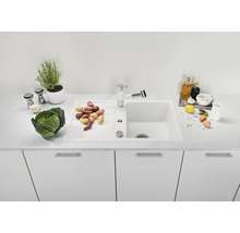 Keukenspoelbak met afdruiprek en kraan op een witte onderkast met groenten