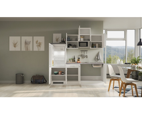 Keukenblok met koelkast, gootsteen en hangkasten in een lichte ruimte