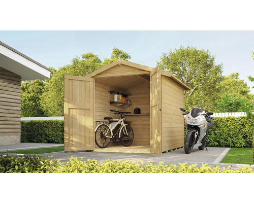 Tuin scène met houten tuinhuis, fiets en motor