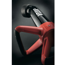 Detailopname van een eVIRAK onkruidborstel met een rode handgreep en zwarte borstelkop.