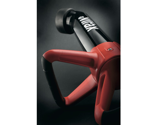 Detailopname van een eVIRAK onkruidborstel met een rode handgreep en zwarte borstelkop.