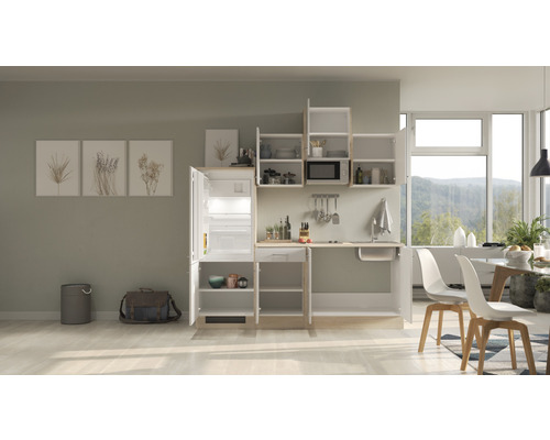 Complete kitchenette met open koelkast, planken en spoelbak in een lichte ruimte