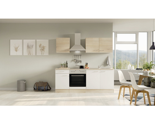 FLEX WELL Keukenblok Samoa wit sonoma eiken 210x60 cm Lichte keuken met witte onderkasten en bovenkasten in houtlook, afzuigkap en eethoek