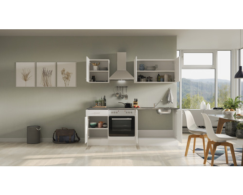 Volledige kitchenette met spoelbak, fornuis en hangkasten in een lichte ruimte.