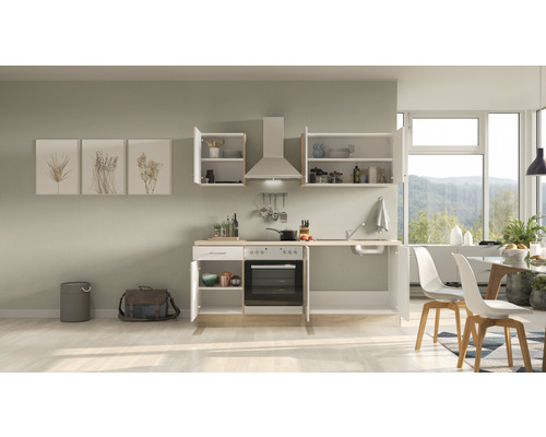 Keuken met spoelbak, kooktoestel, afzuigkap en hangkasten in een heldere ruimte.