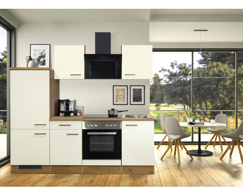 FLEX WELL Keukenblok Vintea magnolia 220x60 cm Moderne keuken met inbouwapparatuur, spoelbak en eethoek in een lichte ruimte.