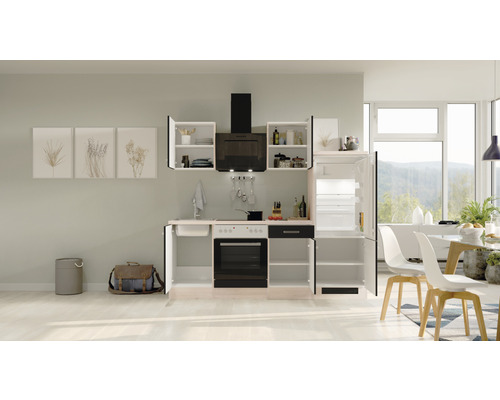 Complete keuken met spoelbak, fornuis, afzuigkap en koelkast in een lichte ruimte