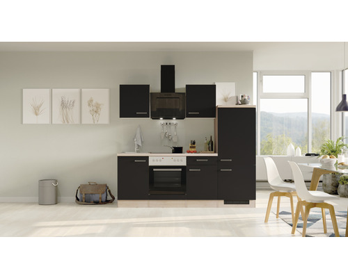 FLEX WELL Keukenblok Santo antraciet 220x60 cm Compacte keuken met kasten, spoelbak, fornuis en afzuigkap