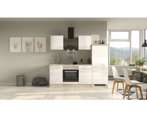 FLEX WELL Keukenblok Nepal kashmir 220x60 cm Lichte keuken met inbouwkasten, afzuigkap en eethoek.
