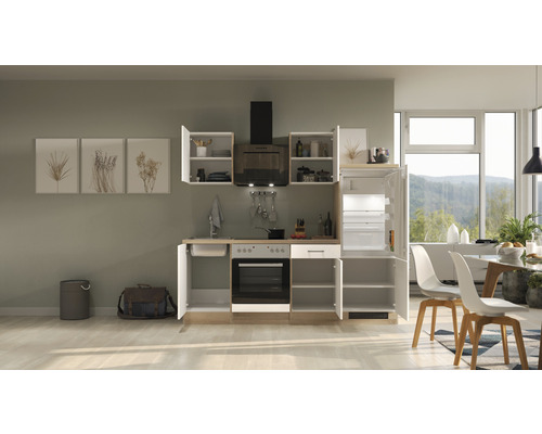 Complete keuken met spoelbak, kookplaat, oven, afzuigkap en koelkast voor een functionele keukeninrichting.