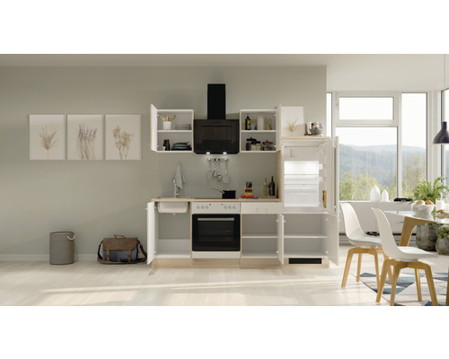Moderne inbouwkeuken met elektrische apparaten, spoelbak, werkbladen en veel opbergruimte in kasten en lades.