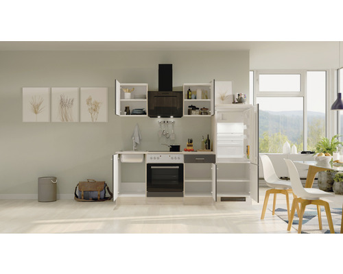 Complete kitchenette met spoelbak, fornuis, oven, afzuigkap en koelkast in een lichte, moderne keuken.