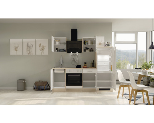 Complete keuken met apparatuur, gootsteen, fornuis, oven en afzuigkap in een lichte ruimte