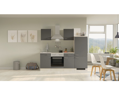 FLEX WELL Keukenblok Tiago basaltgrijs 220x60 cm Complete keuken met spoelbak, fornuis, afzuigkap en hangkasten in een lichte, moderne woning.