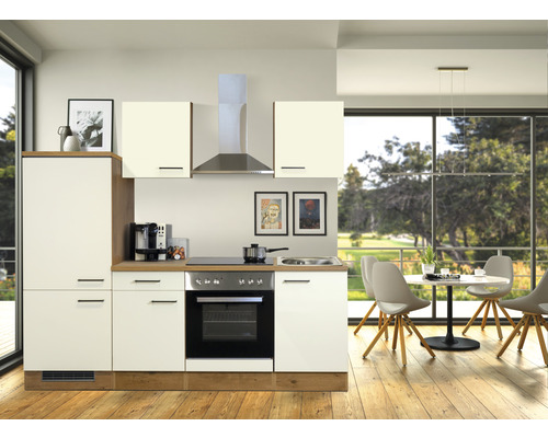 FLEX WELL Keukenblok Vintea magnolia 220x60 cm Keukenblok met hangkasten, afzuigkap en elektrische apparaten in een lichte ruimte.