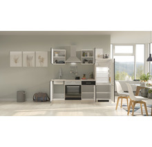 Moderne keuken met spoelbak, fornuis, afzuigkap, kasten en koelkast in een lichte ruimte.