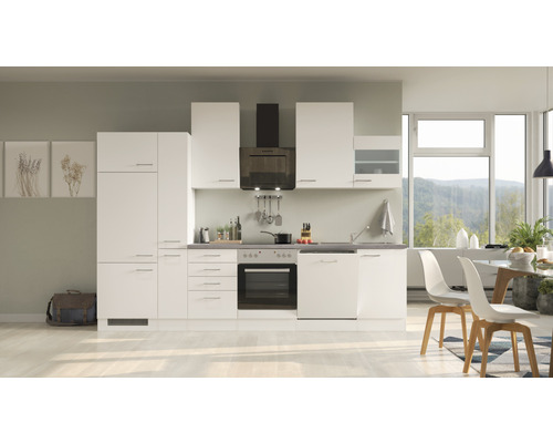 FLEX WELL Keukenblok Varo wit 310x60 cm Complete witte keuken met spoelbak, fornuis, afzuigkap en vaatwasser.