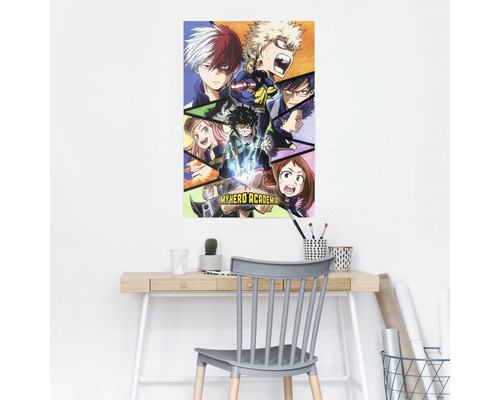Anime muurposter met ''My Hero Academia'' ontwerp boven een bureau