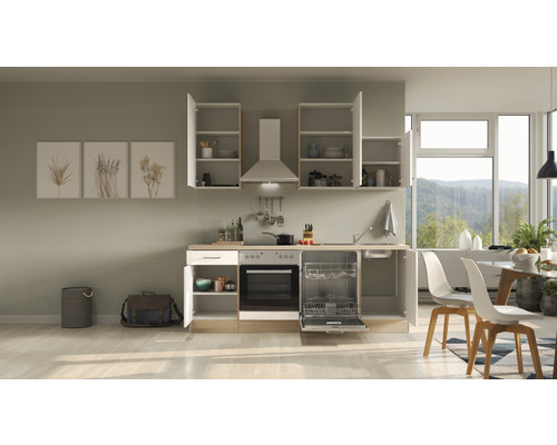 Complete keuken met vaatwasser, fornuis, afzuigkap en hangkasten in een lichte ruimte.