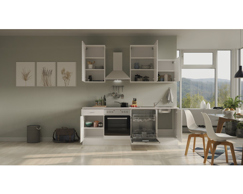 Lichte keuken met inbouwkasten, gootsteen, vaatwasser en elektrische apparaten