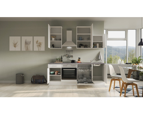 Complete keuken met ingebouwde spoelbak, vaatwasser, oven en hangkasten in een lichte, ruime keuken.