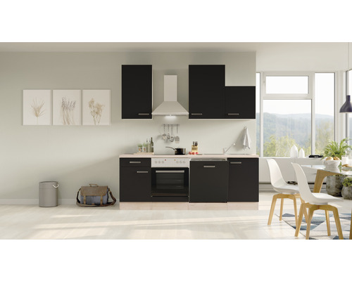 FLEX WELL Keukenblok Santo antraciet 220x60 cm Moderne keuken met zwarte kasten, afzuigkap en eethoek