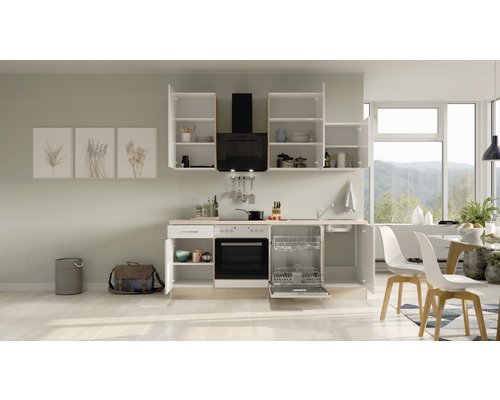 Keukenblok met bovenkasten, spoelbak, vaatwasser en elektrische apparaten