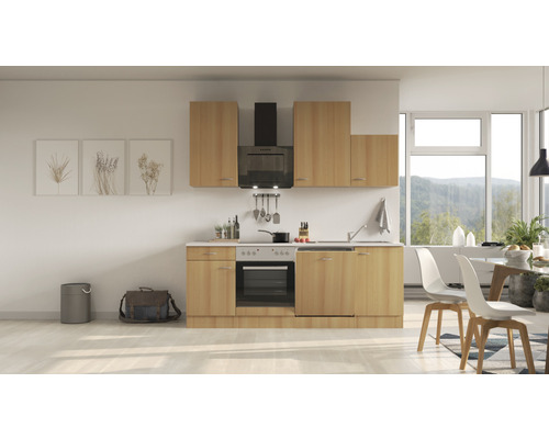 FLEX WELL Keukenblok Nano beuken 220x60 cm Complete keuken met boven- en onderkasten, afzuigkap, spoelbak en elektrische apparaten in lichte houtlook