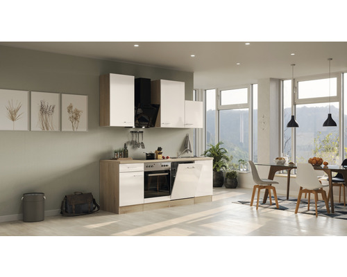 Moderne keuken met bovenkasten, afzuigkap, oven en vaatwasser in een lichte ruimte.