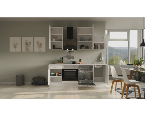 Lichte keuken met keukenkasten, afzuigkap, spoelbak, vaatwasser en elektrisch fornuis