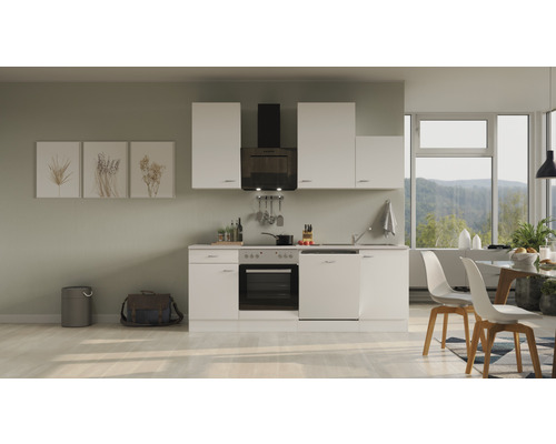 FLEX WELL Keukenblok Wito wit 220x60 cm Lichte keuken met witte kasten, afzuigkap en eethoek
