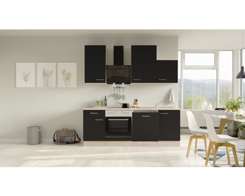 FLEX WELL Keukenblok Santo antraciet 220x60 cm Keukenblok met hangkasten, afzuigkap, spoelbak en inbouwapparatuur in een lichte keuken.