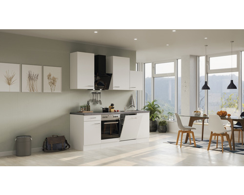 Lichte keuken met witte kasten, gootsteen, fornuis en afzuigkap in een modern interieur.