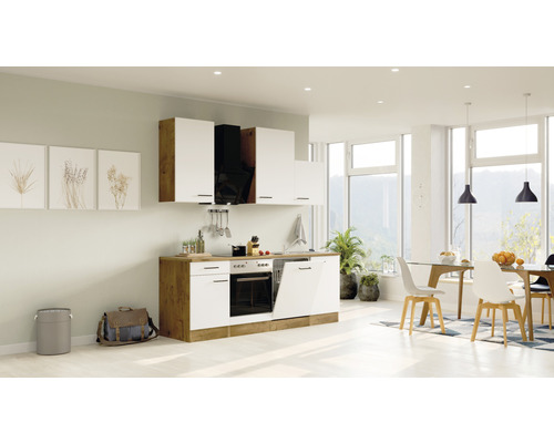 FLEX WELL Keukenblok Vintea magnolia 220x60 cm Lichte keuken met inbouwapparatuur en eethoek in een ruime kamer.