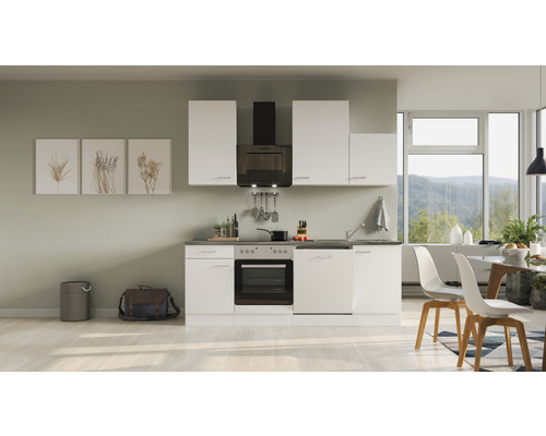 FLEX WELL Keukenblok Lucca wit 220x60 cm Lichte keuken met inbouwkasten, afzuigkap en elektrische apparaten