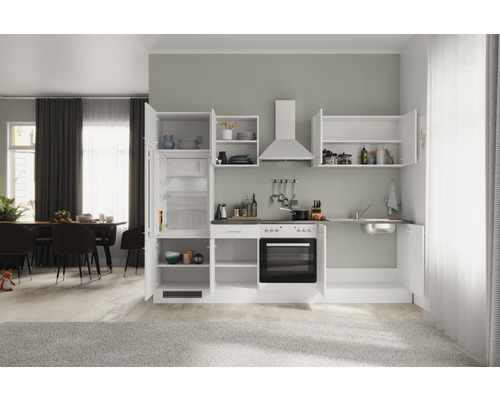 Volledige keukenblok met elektrische apparaten, spoelbak, bovenkasten en koelkast