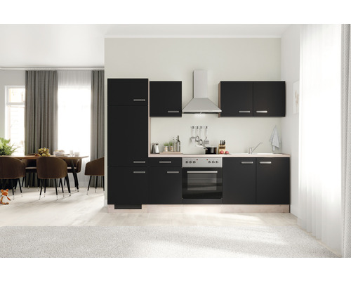 FLEX WELL Keukenblok Santo antraciet 270x60 cm Inbouwkeuken met keukenkasten, afzuigkap en spoelbak in een lichte ruimte.