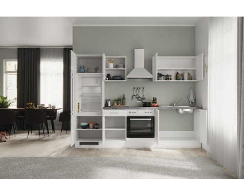 Compacte keuken met spoelbak, kookplaat, oven, afzuigkap en koelkast in een lichte ruimte.