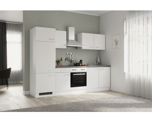 Complete keuken met spoelbak, fornuis, afzuigkap en hangkasten in een lichte ruimte