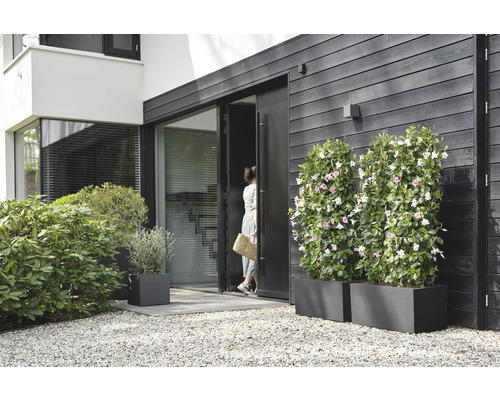 Buitenfoto van een huis met plantenbakken en een vrouw die een deur binnenkomt.