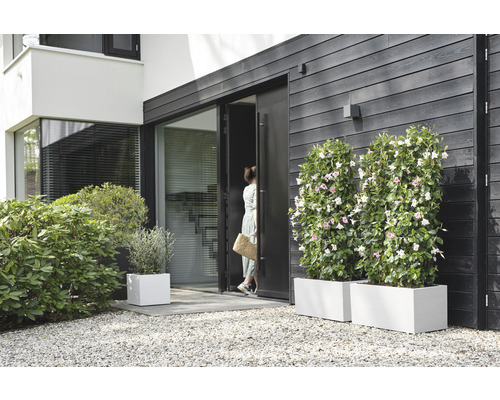 Buitenaanzicht van een modern huis met plantenbakken en een vrouw bij de deur