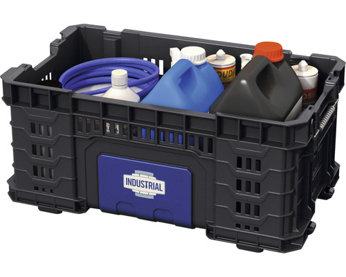 Zwarte kunststof box gevuld met diverse containers