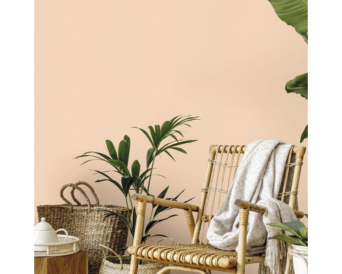 Decoratieve woonomgeving met rotan stoel en kamerplanten voor een muur