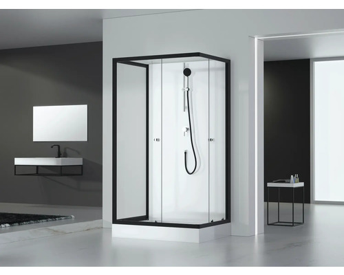 Moderne badkamer met douchecabine, wastafel en spiegel