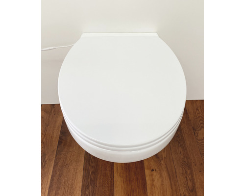 Afbeelding van een gesloten, wit toilet met stortbak voor een wand en houten vloer