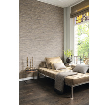 Woonkamer met stenen wandbehang, bank en raam