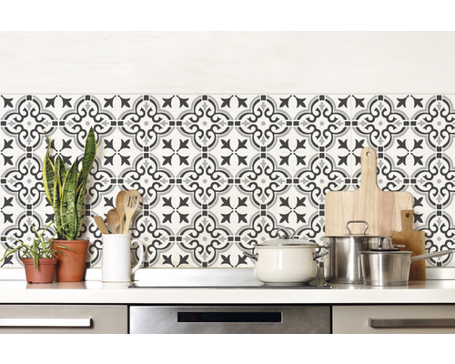 D-C-FIX Wandbekleding PVC Ceramics Floral 67,5x400 cm Keukenscène met patroon tegelstickers, potten en planten op een aanrecht