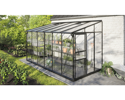 VITAVIA Kweekkas Ida 7800 zwart met enkel veiligheidsglas 3 mm 386,5 x 201,4 cm Glazen kas met planken en tuingereedschap in een tuin